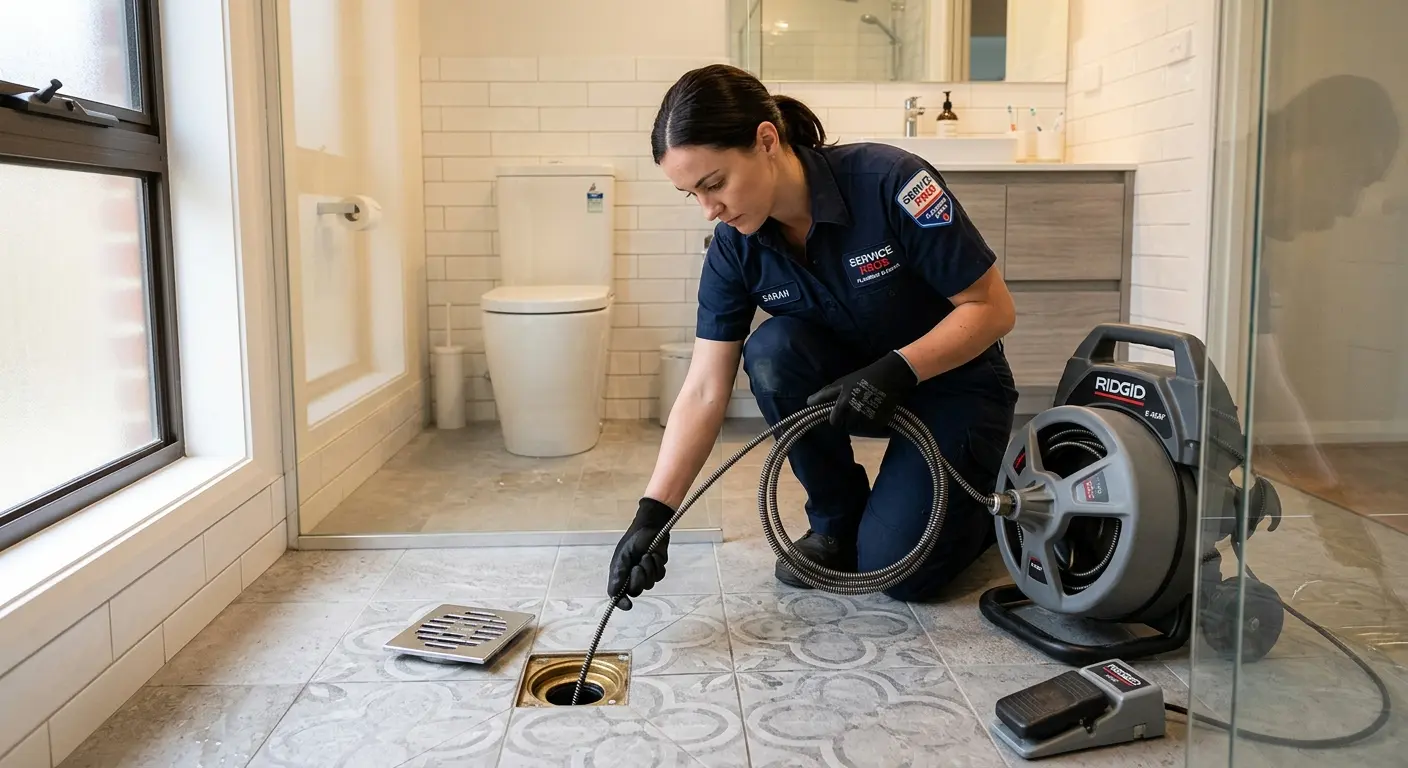 Technician clearing a bathroom floor drain for Sewer Line Installation in Spencer